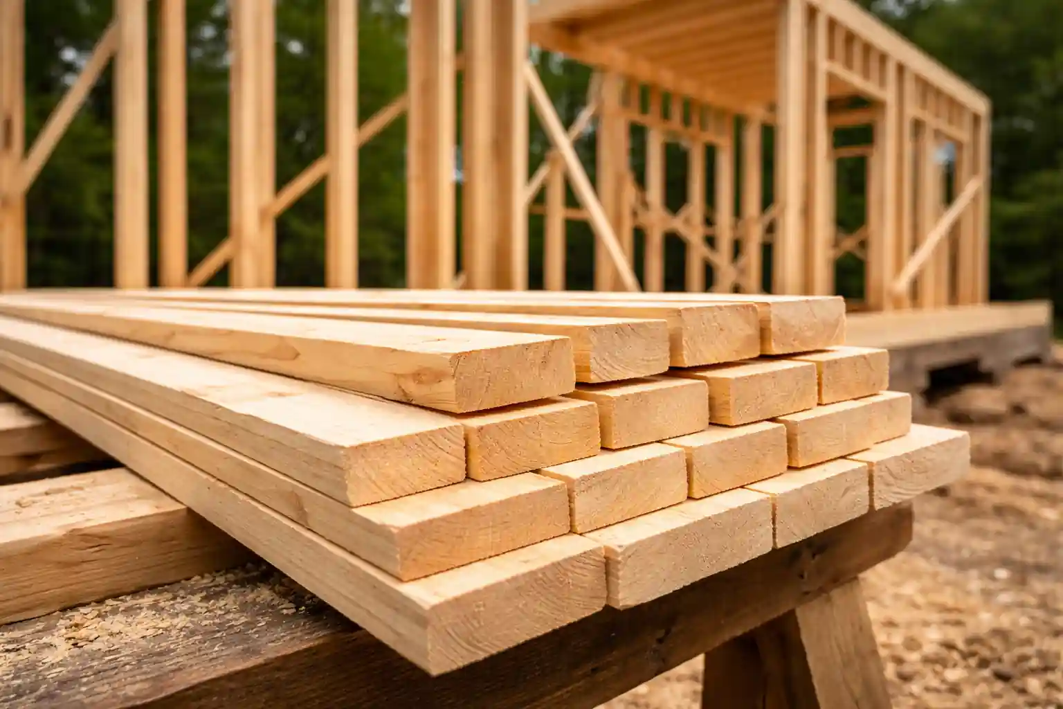 Bjælker og spær i træ under opbygning af et Tiny House